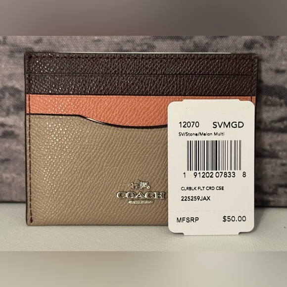 NWT Coach Colorblock Flat Card Case Crossgrain Leather Stone Melon Multi 12070 - Picture 4 of 6